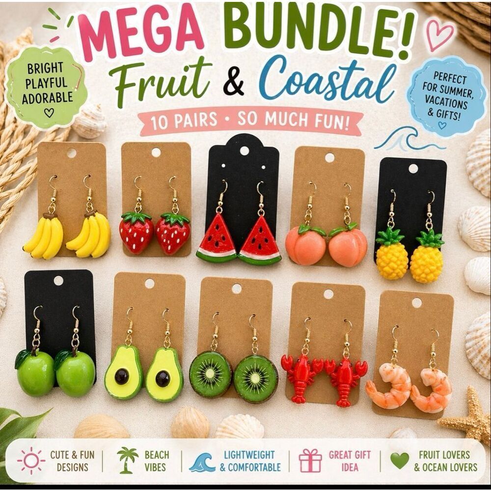 Mega Food & Coastal Earrings Bundle 🍓🍍🦞 | Fruit + Beach Dangle Set